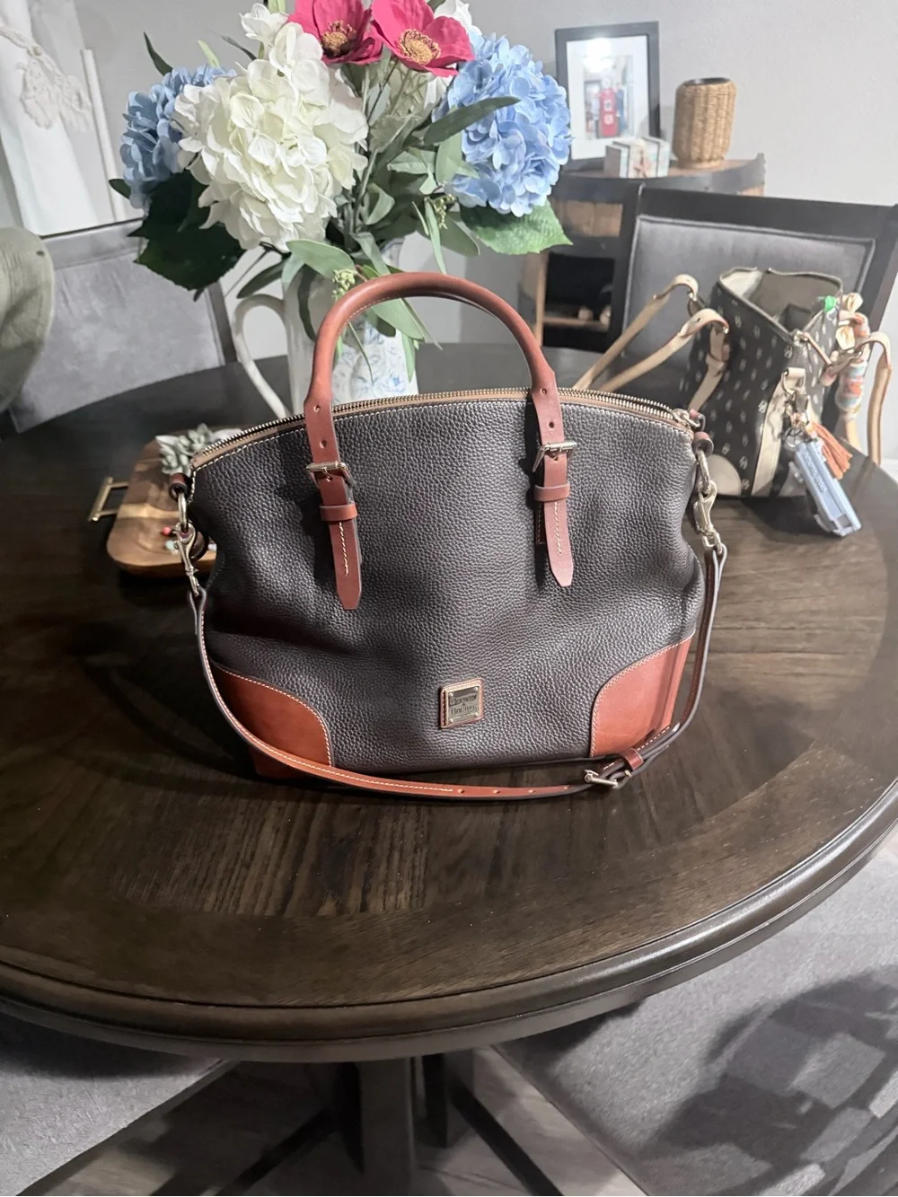 Dooney & Bourke Dark Brown Pebbled Leather Satchel with Tan Accents - Picture 1 of 6
